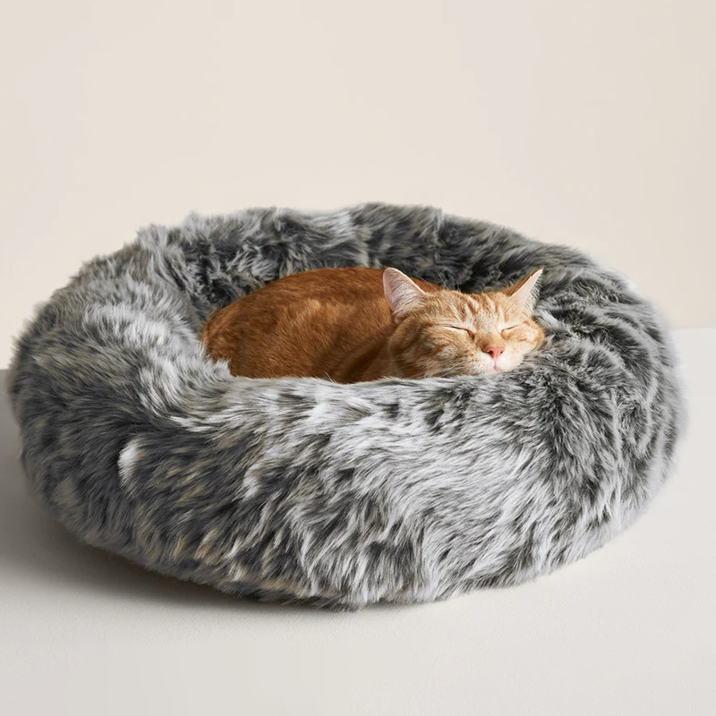 Round Dark Grey Faux Fur Cat Bed