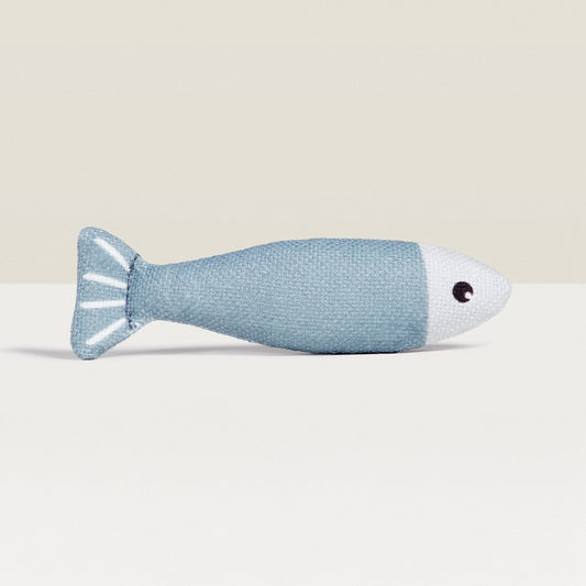 A White And Blue Cat Toy Shaped Like A Fish